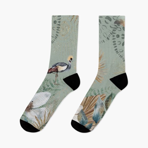Item preview, African Grey Crowned Crane, Golden Crested Crane, with earthy green tones watercolor florals and gold accents designed and sold by Orianah.