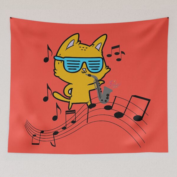 Item preview, Cat wearing sunglasses and playing saxaphone set in orange - Cute and Fun designed and sold by Vero De.
