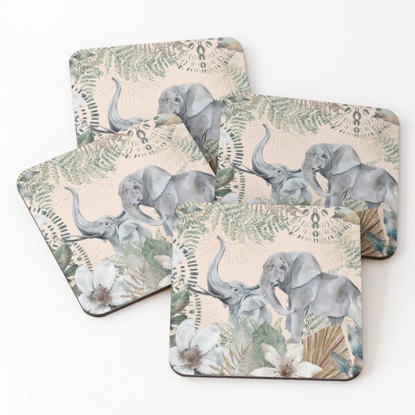Item preview, African Grey Elephant, with earthy green and cream tones, watercolor florals and gold accents designed and sold by Orianah.