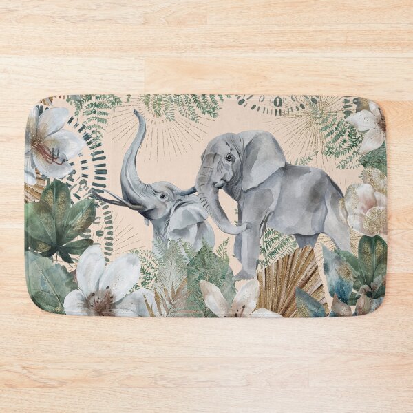 Item preview, African Grey Elephant, with earthy green and cream tones, watercolor florals and gold accents designed and sold by Orianah.