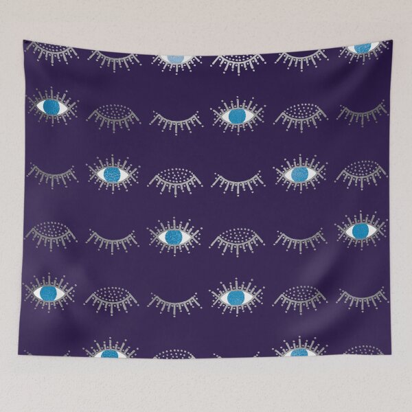 Item preview, Pretty Silver Closed and Open Blue Evil Eye Nazar Mati Pattern on Purple designed and sold by Karen McFarland.