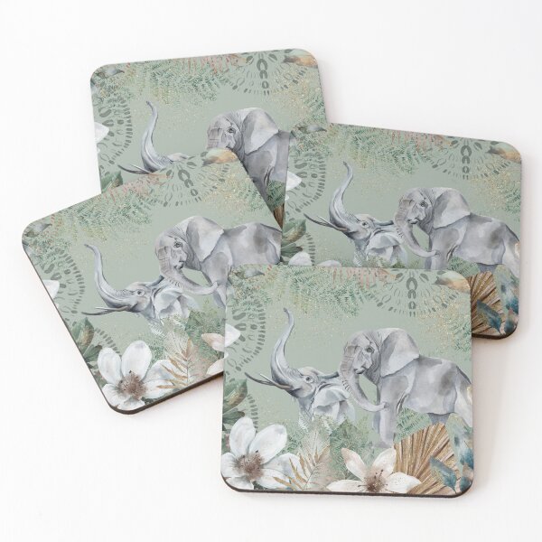 Item preview, African Grey Elephant, with earthy green tones, watercolor florals and gold accents designed and sold by Orianah.