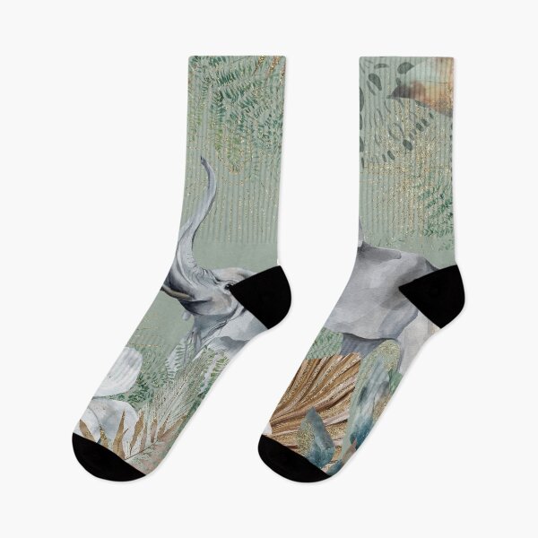 Item preview, African Grey Elephant, with earthy green tones, watercolor florals and gold accents designed and sold by Orianah.