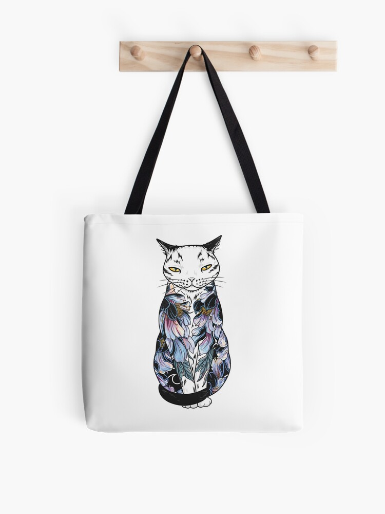 Bolsa de tela «Tatuaje de gato en peonías negras cósmicas» de runcatrun |  Redbubble