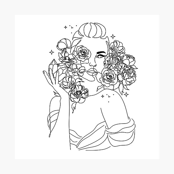 Woman face with Flowers. Line art female with peony and roses. One line drawing. Portrait minimalistic style. Botanical print. Nature symbol of cosmetics. Photographic Print