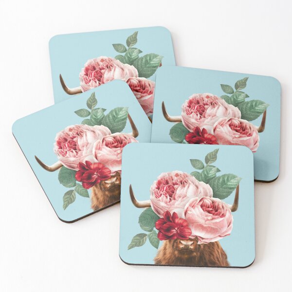 Item preview, Highland cattle with flowers in blue designed and sold by ESCAPZ.