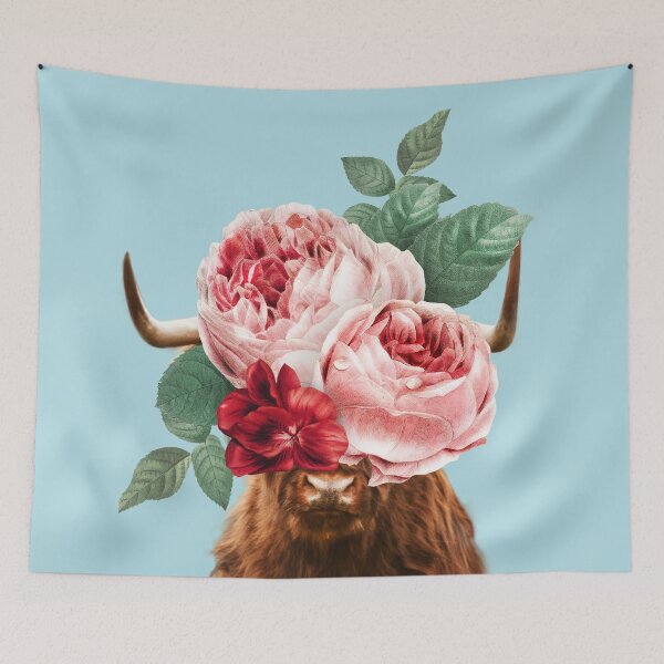 Item preview, Highland cattle with flowers in blue designed and sold by ESCAPZ.