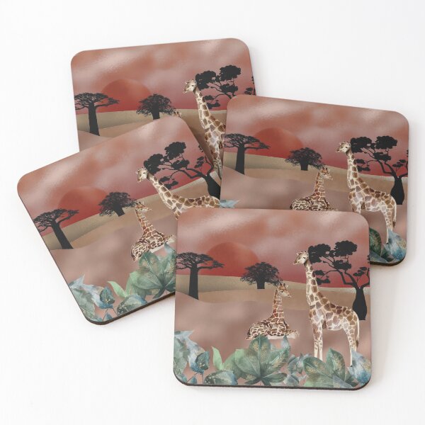 Item preview, Golden skies and desert plains, watercolor Giraffe couple, mixed media art, red, gold, rose gold and watercolor leaves designed and sold by Orianah.
