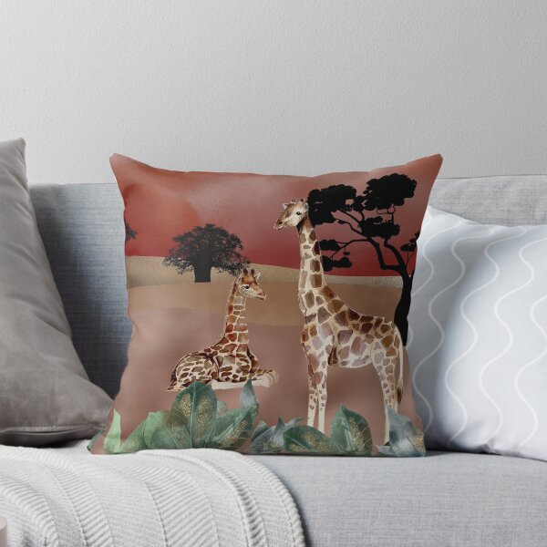 Item preview, Golden skies and desert plains, watercolor Giraffe couple, mixed media art, red, gold, rose gold and watercolor leaves designed and sold by Orianah.