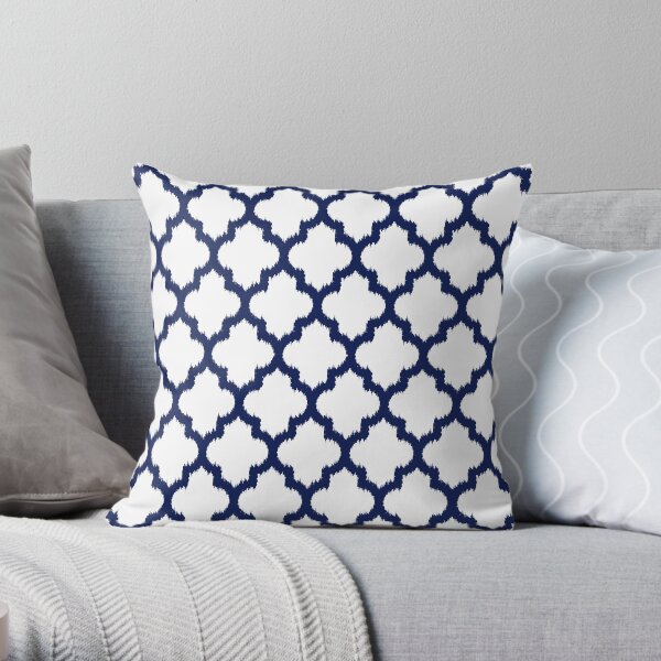 Navy blue and white quatrefoil ikat style Throw Pillow