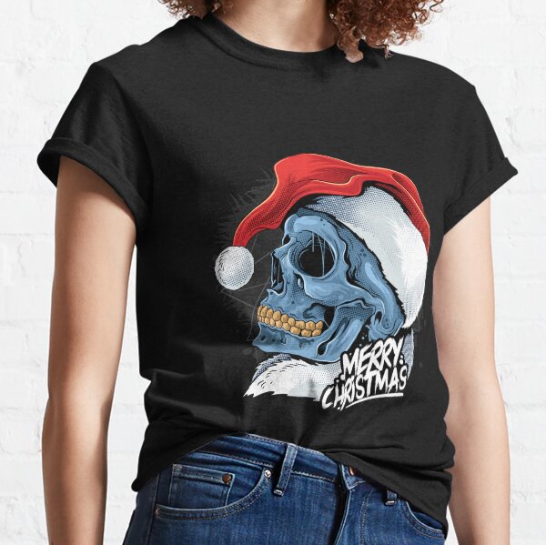 christmas skull wearing santa claus hat vector Classic T-Shirt