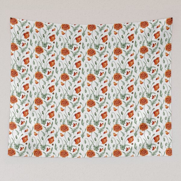 Item preview, Digital watercolour seamless pattern with scarlet wild poppies, poppy seedpods, poppy buds and green leaves on the white background. designed and sold by BananiLettering.