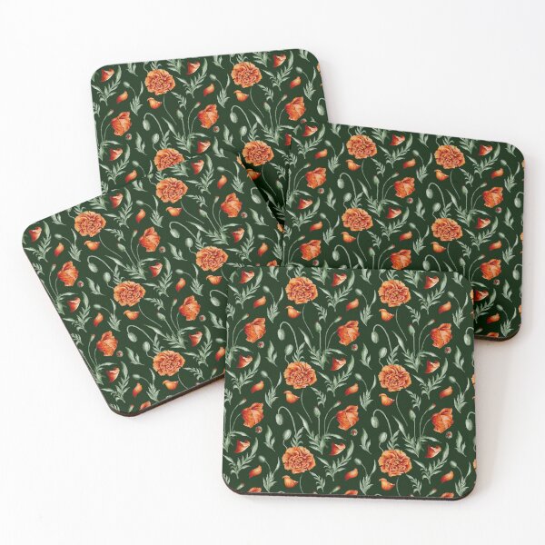 Item preview, Digital watercolour seamless pattern with scarlet wild poppies, poppy seedpods, poppy buds and green leaves on the dark green background. designed and sold by BananiLettering.