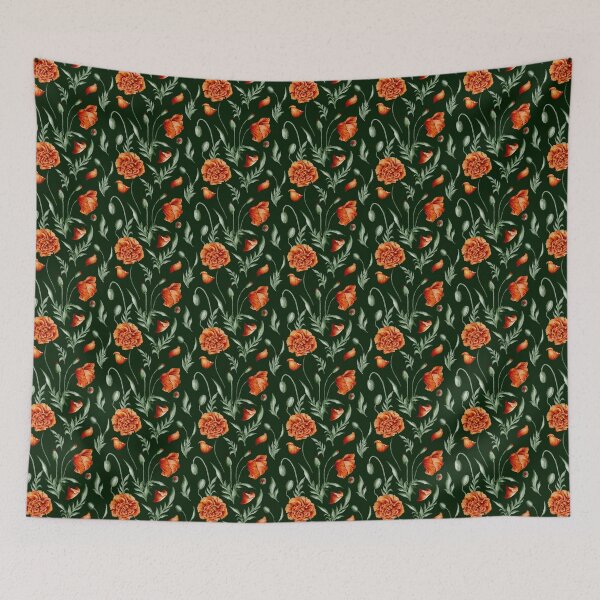 Item preview, Digital watercolour seamless pattern with scarlet wild poppies, poppy seedpods, poppy buds and green leaves on the dark green background. designed and sold by BananiLettering.