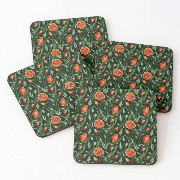 Item preview, Digital watercolour seamless pattern with scarlet wild poppies, poppy seedpods, poppy buds and green leaves on the dark green background. designed and sold by BananiLettering.