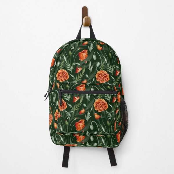 Item preview, Digital watercolour seamless pattern with scarlet wild poppies, poppy seedpods, poppy buds and green leaves on the dark green background. designed and sold by BananiLettering.