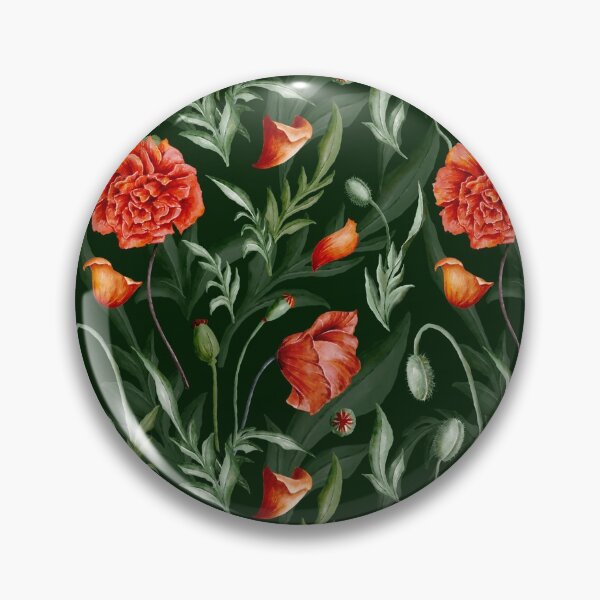 Item preview, Digital watercolour seamless pattern with red and orange wild poppies, poppy seedpods, poppy buds and green leaves on the dark green background. designed and sold by BananiLettering.