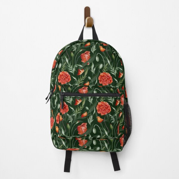 Item preview, Digital watercolour seamless pattern with red and orange wild poppies, poppy seedpods, poppy buds and green leaves on the dark green background. designed and sold by BananiLettering.
