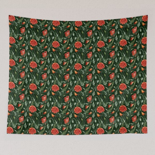 Item preview, Digital watercolour seamless pattern with red and orange wild poppies, poppy seedpods, poppy buds and green leaves on the dark green background. designed and sold by BananiLettering.