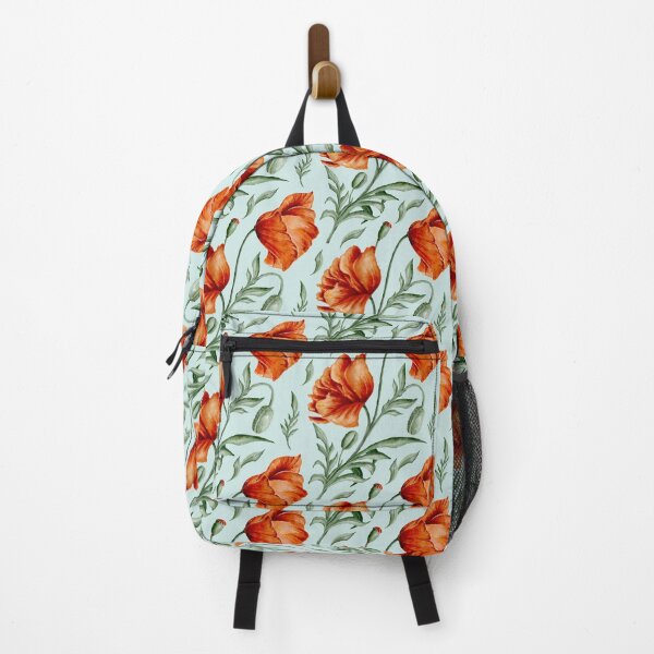 Item preview, Digital watercolour seamless pattern with red and orange wild poppies, poppy seedpods, poppy buds and green leaves on the light blue background. designed and sold by BananiLettering.