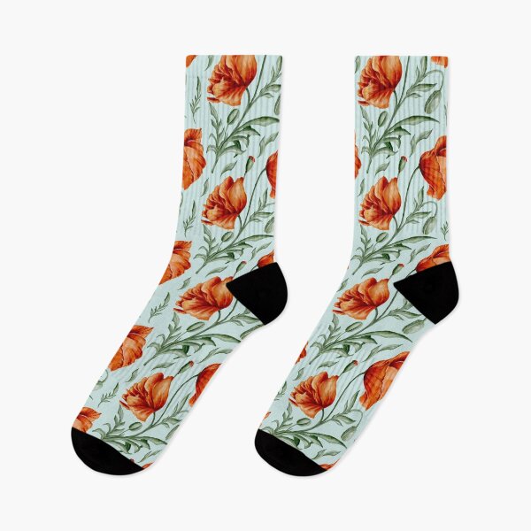 Item preview, Digital watercolour seamless pattern with red and orange wild poppies, poppy seedpods, poppy buds and green leaves on the light blue background. designed and sold by BananiLettering.