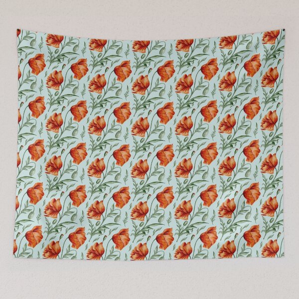 Item preview, Digital watercolour seamless pattern with red and orange wild poppies, poppy seedpods, poppy buds and green leaves on the light blue background. designed and sold by BananiLettering.
