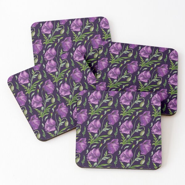 Item preview, Digital watercolour seamless pattern with  purple wild poppies, poppy seedpods, poppy buds and green leaves on the dark background. designed and sold by BananiLettering.