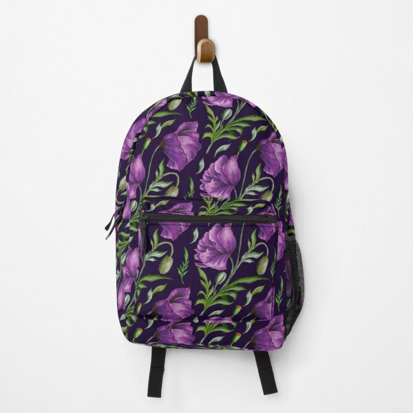 Item preview, Digital watercolour seamless pattern with  purple wild poppies, poppy seedpods, poppy buds and green leaves on the dark background. designed and sold by BananiLettering.