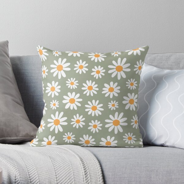 Spring daisies floral retro pattern on sage green Throw Pillow