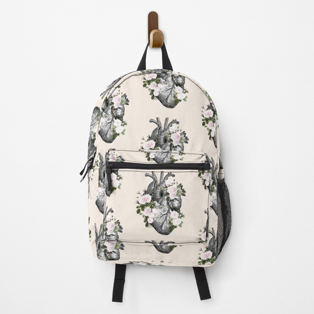 Human heart and roses, anatomy illustration art, lightpink roses and green leaves Backpack