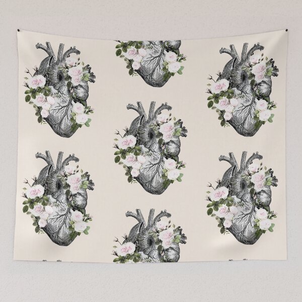 Item preview, Human heart and roses, anatomy illustration art, lightpink roses and green leaves designed and sold by Collagedream.