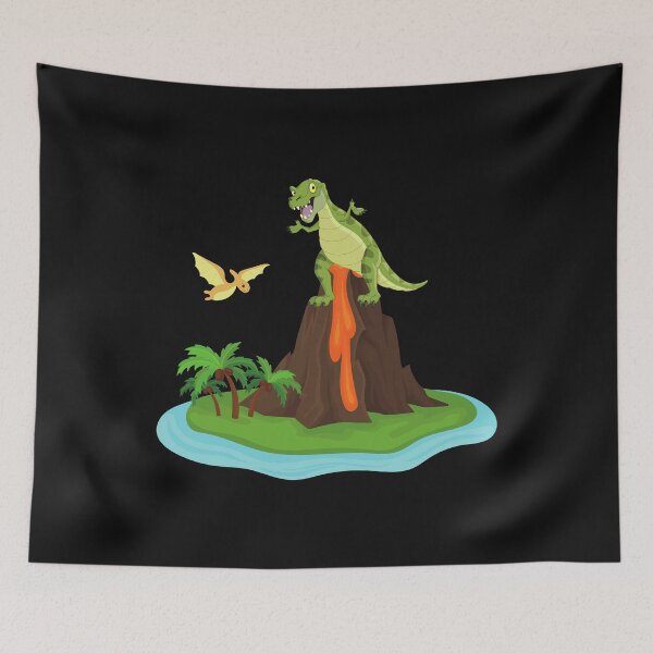 Item preview, Dinosaur Sitting on an Erupting Volcano on an Island with Yellow Flying Dino designed and sold by Ilana Khoshsima.