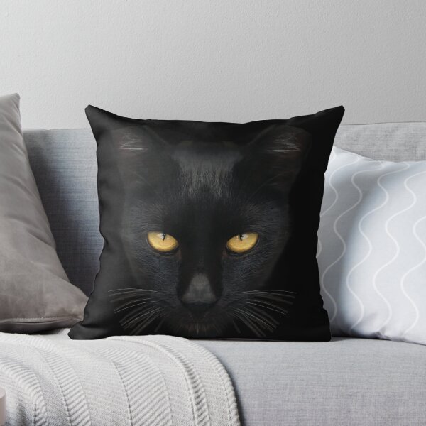 Black Cat With Yellow Eyes, Bombay Cat Throw Pillow