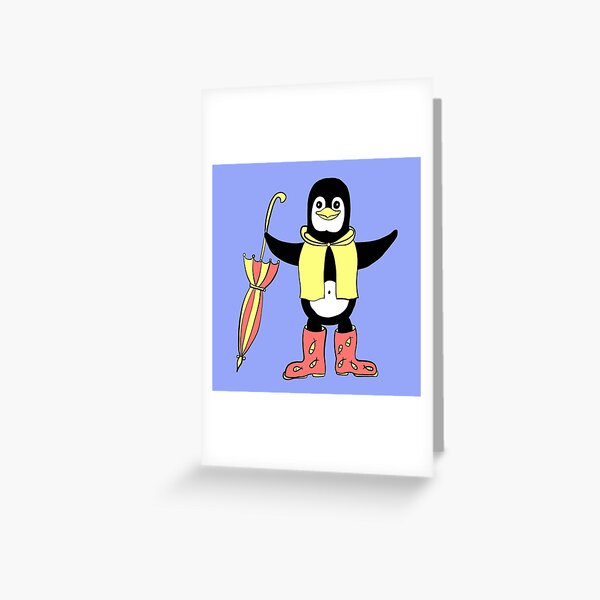 penguin, ice, penguin in a hat,penguin in rubber boots with a fish and an umbrella, picture for children's holidays Greeting Card