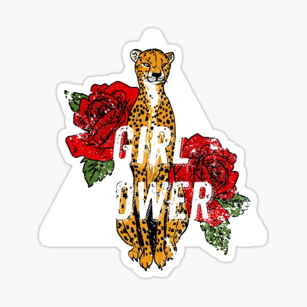 Dark Gray Girl power cheetah red roses love feminist Sticker
