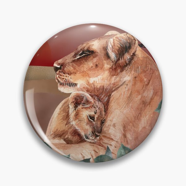 Item preview, Warm Sunset Warm Embrace. Golden skies and desert plains, lioness and lion cub, mixed media art, red, gold, rose gold and watercolor leaves designed and sold by Orianah.