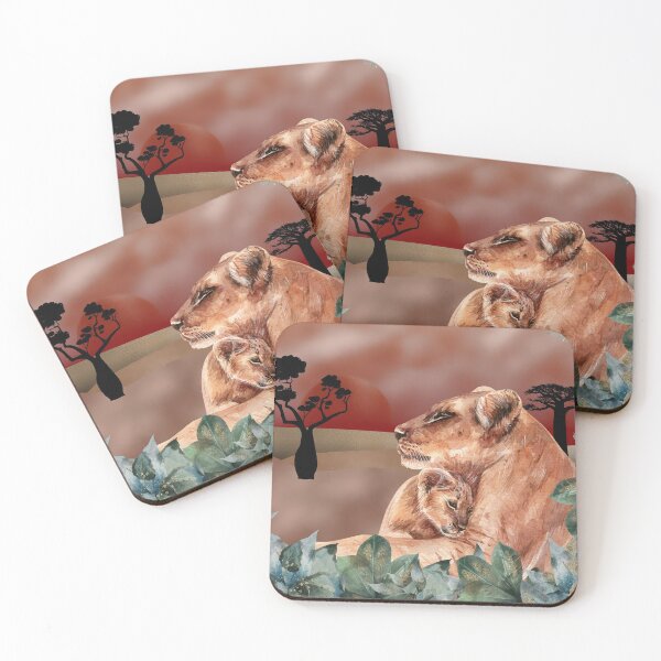 Item preview, Warm Sunset Warm Embrace. Golden skies and desert plains, lioness and lion cub, mixed media art, red, gold, rose gold and watercolor leaves designed and sold by Orianah.