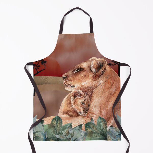 Item preview, Warm Sunset Warm Embrace. Golden skies and desert plains, lioness and lion cub, mixed media art, red, gold, rose gold and watercolor leaves designed and sold by Orianah.