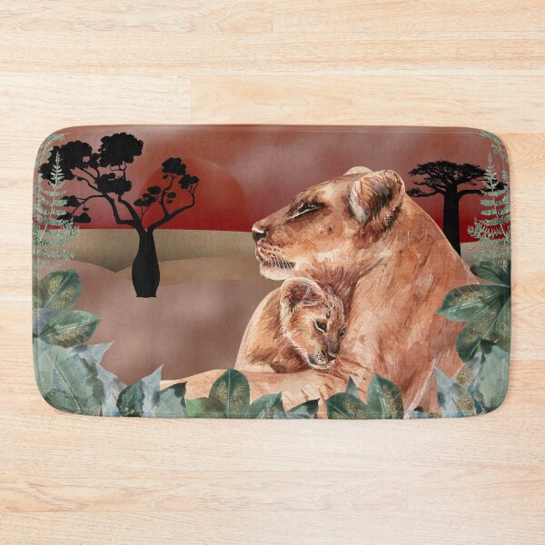 Item preview, Warm Sunset Warm Embrace. Golden skies and desert plains, lioness and lion cub, mixed media art, red, gold, rose gold and watercolor leaves designed and sold by Orianah.