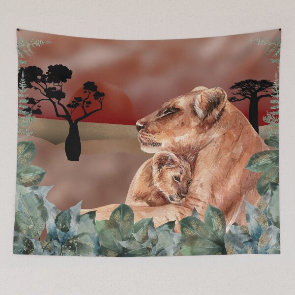 Item preview, Warm Sunset Warm Embrace. Golden skies and desert plains, lioness and lion cub, mixed media art, red, gold, rose gold and watercolor leaves designed and sold by Orianah.
