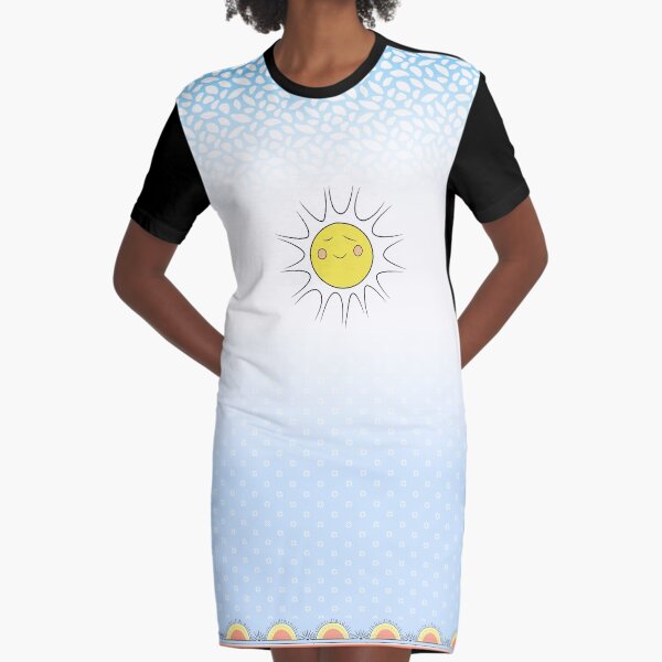 Hazy Smiley Sun - Blue & White Ombre Graphic T-Shirt Dress