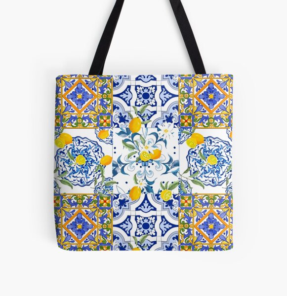 Mediterranean tile and lemon print cotton market bag, blue azulejo tile  reusable zero waste shopping bag, Italian style wedding favor gift