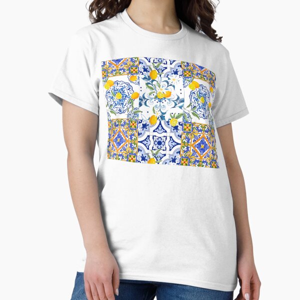 Vista previa del artículo con la obra «Verano, cítricos, fondo de mosaico, estilo mediterráneo, patrón de fruta de limón», diseñado y vendido por MariaMarinova.