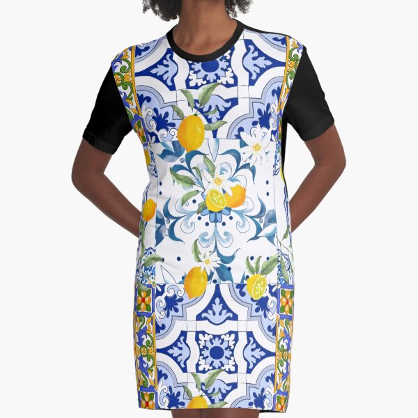 Summer,citrus,mosaic background ,Mediterranean style,lemon fruit pattern Graphic T-Shirt Dress