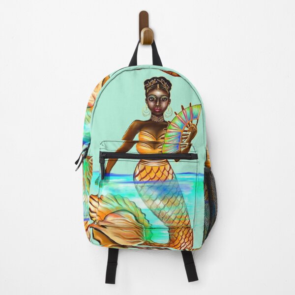 Item preview, mermaid with gold scales and fan, brown eyes curly Afro hair and dark brown skin. Black mermaids designed and sold by Artonmytee.
