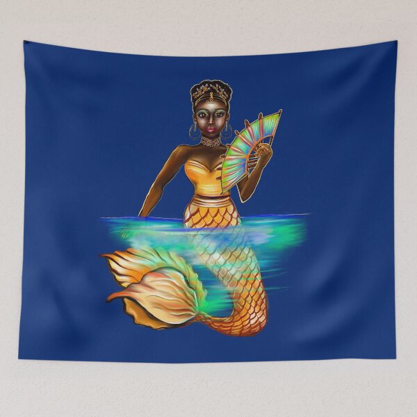 Item preview, mermaid with gold scales and fan, brown eyes curly Afro hair and dark brown skin. Black mermaids designed and sold by Artonmytee.