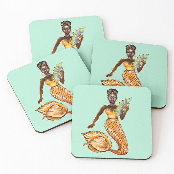 Item preview, mermaid with gold scales and fan, tiara, necklace,brown eyes curly Afro hair and dark brown skin. Black mermaid designed and sold by Artonmytee.