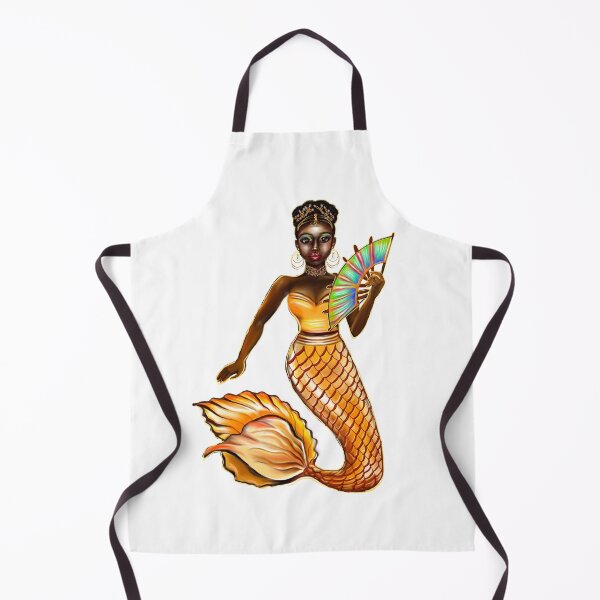 Item preview, mermaid with gold scales and fan, tiara, necklace,brown eyes curly Afro hair and dark brown skin. Black mermaid designed and sold by Artonmytee.
