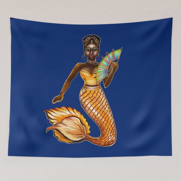 Item preview, mermaid with gold scales and fan, tiara, necklace,brown eyes curly Afro hair and dark brown skin. Black mermaid designed and sold by Artonmytee.