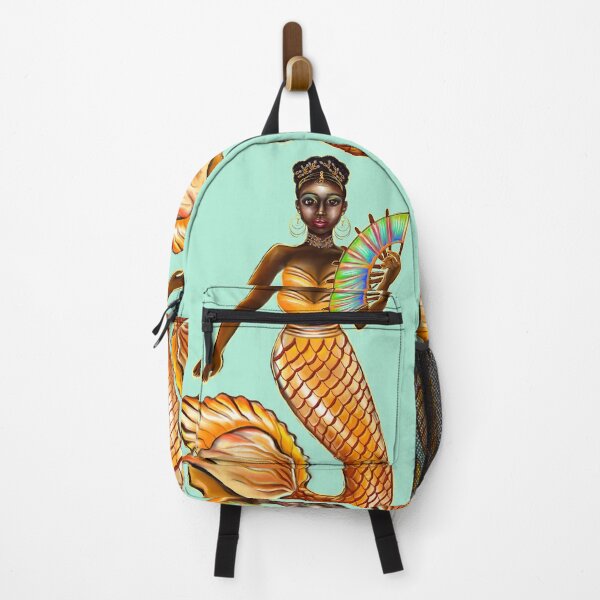 Item preview, mermaid with gold scales and fan, tiara, necklace,brown eyes curly Afro hair and dark brown skin. Black mermaid designed and sold by Artonmytee.